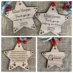 Personalised Christmas Star Ornament - Engraved Wood, Custom Message