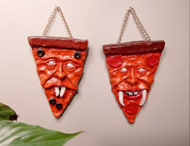 Weird Clay Pizza Face Wall Hanging - Strange Portrait Art Unique Fast Food Decor - image 1