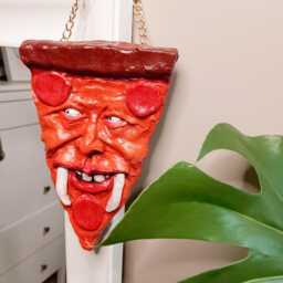 Weird Clay Pizza Face Wall Hanging - Strange Portrait Art Unique Fast Food Decor - thumbnail 2
