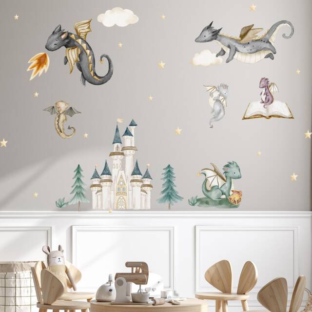 Dragon Wall Sticker Children's Room Decoration V371 Family With Castle - image 1