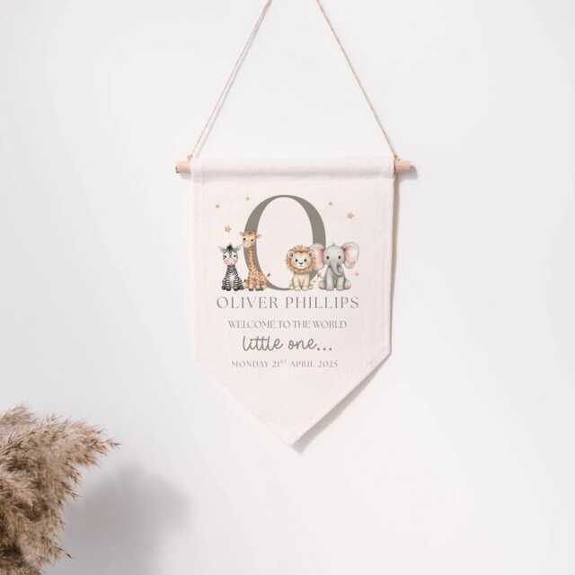 Personalised Linen Flag - Jungle Animal Custom Kids Bedroom Wall Decor Birthday Gift For Boy Girl New Baby Nursery Parents - image 1