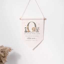 Personalised Linen Flag - Jungle Animal Custom Kids Bedroom Wall Decor Birthday Gift For Boy Girl New Baby Nursery Parents - thumbnail 1