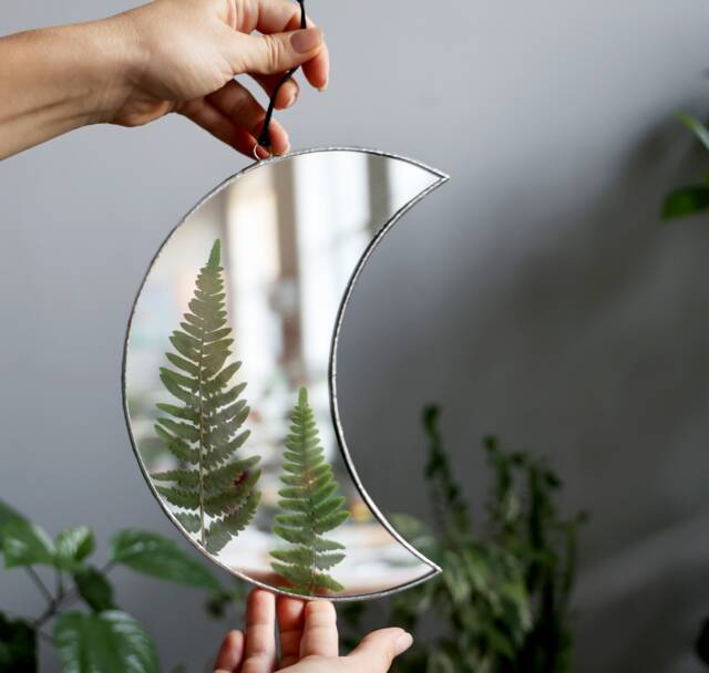 Crescent Moon Mirror With Pressed Fern, Framed Herbarium Wall Art Decor, Witchy Elven Forest Room Dried Herbs in Stained Glass - image 1