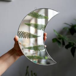 Crescent Moon Mirror With Pressed Fern, Framed Herbarium Wall Art Decor, Witchy Elven Forest Room Dried Herbs in Stained Glass - thumbnail 2