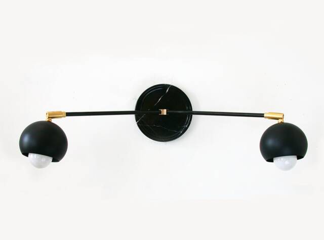 Mid Century Modern Black Double Adjustable Wall Sconce, Marble Light Fixture, Brass Accents - image 1