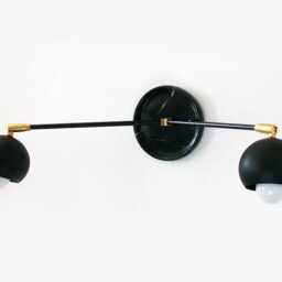 Mid Century Modern Black Double Adjustable Wall Sconce, Marble Light Fixture, Brass Accents - thumbnail 3