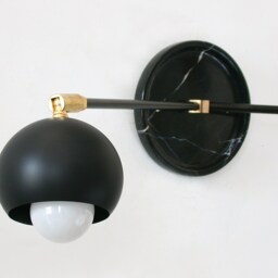 Mid Century Modern Black Double Adjustable Wall Sconce, Marble Light Fixture, Brass Accents - thumbnail 4