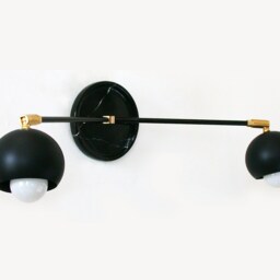 Mid Century Modern Black Double Adjustable Wall Sconce, Marble Light Fixture, Brass Accents - thumbnail 2