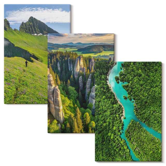 Canvas Wall Art Set Of 3 - Green Mountain Landscapes With A River & Rocks, Picture Print, Hanging Piece - image 1