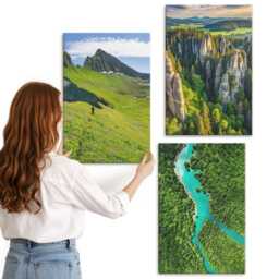 Canvas Wall Art Set Of 3 - Green Mountain Landscapes With A River & Rocks, Picture Print, Hanging Piece - thumbnail 2