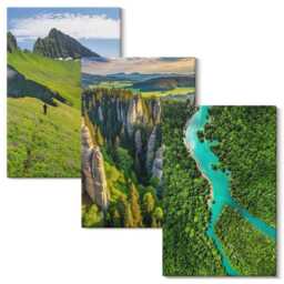Canvas Wall Art Set Of 3 - Green Mountain Landscapes With A River & Rocks, Picture Print, Hanging Piece - thumbnail 1