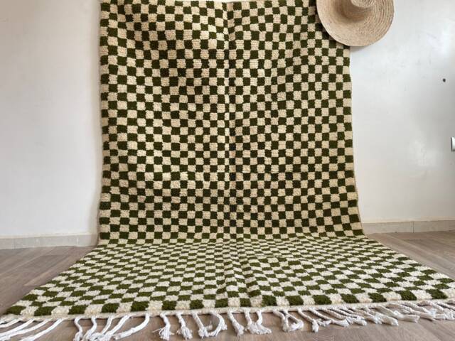 Custom Moroccan Wool Rug , Beni Ourain Green Checkered Design Handwoven Berber Carpet Shag Rugs - image 1