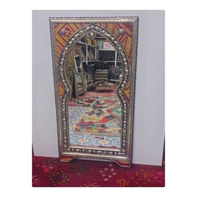 Moroccan Oriental Mirror in Metal & Painted Leather Frame - Arched Door-Shaped Handmade Wall Decor - image 1