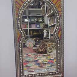 Moroccan Oriental Mirror in Metal & Painted Leather Frame - Arched Door-Shaped Handmade Wall Decor - thumbnail 3