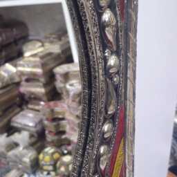 Moroccan Oriental Mirror in Metal & Painted Leather Frame - Arched Door-Shaped Handmade Wall Decor - thumbnail 4