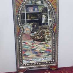 Moroccan Oriental Mirror in Metal & Painted Leather Frame - Arched Door-Shaped Handmade Wall Decor - thumbnail 2