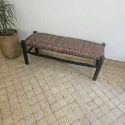 Moroccan Bench With Brown Leather & Black Wood - thumbnail 2