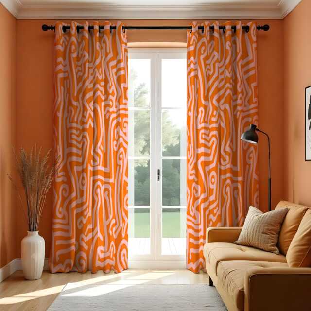 Orange Abstract Line Art Curtains, Modern Geometric Pattern Drapes, Bold Contemporary Design Made To Measure Window Panels - image 1