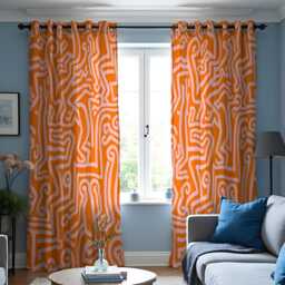 Orange Abstract Line Art Curtains, Modern Geometric Pattern Drapes, Bold Contemporary Design Made To Measure Window Panels - thumbnail 3