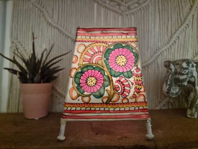 Hand-Painted Floral Lampshade Boho Indian Tribal Art, Leather Flower Table Lamp - image 1