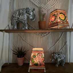 Hand-Painted Floral Lampshade Boho Indian Tribal Art, Leather Flower Table Lamp - thumbnail 3