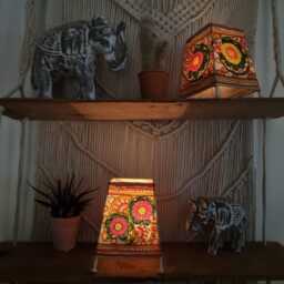 Hand-Painted Floral Lampshade Boho Indian Tribal Art, Leather Flower Table Lamp - thumbnail 2