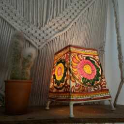 Hand-Painted Floral Lampshade Boho Indian Tribal Art, Leather Flower Table Lamp - thumbnail 4