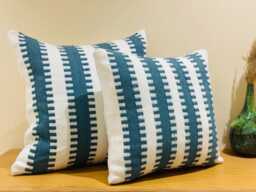 Handmade Moroccan Cotton Pillow, Blue Boho Cushion - 23x23 In - thumbnail 1