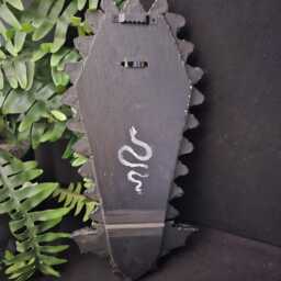 Black Coffin Shaped Plaque With Red Velvet Background, Bat Corbel & Removable Black Brass Cross Stake, Vampire, Gothic Wall Art - thumbnail 4