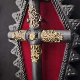 Black Coffin Shaped Plaque With Red Velvet Background, Bat Corbel & Removable Black Brass Cross Stake, Vampire, Gothic Wall Art - thumbnail 3