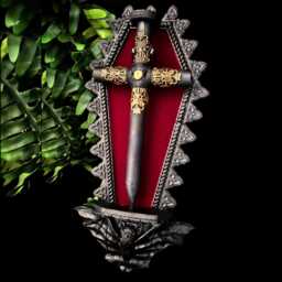 Black Coffin Shaped Plaque With Red Velvet Background, Bat Corbel & Removable Black Brass Cross Stake, Vampire, Gothic Wall Art - thumbnail 1