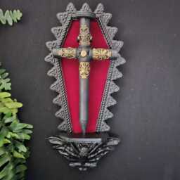 Black Coffin Shaped Plaque With Red Velvet Background, Bat Corbel & Removable Black Brass Cross Stake, Vampire, Gothic Wall Art - thumbnail 2