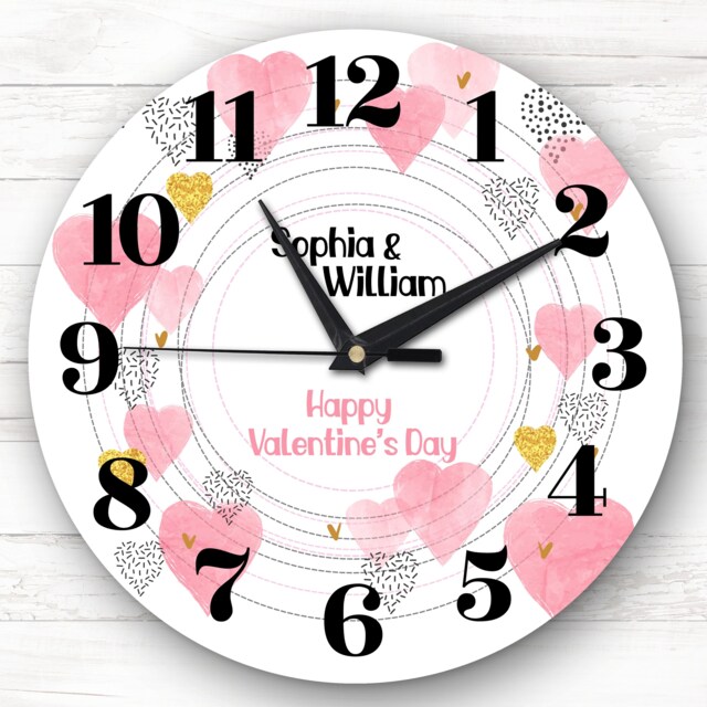 Watercolour Gold Pink Hearts Valentine's Day Gift Personalised Clock - image 1