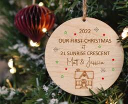 Personalised Wooden 1st First Christmas in Our New Home 2022 Bauble Etched House Hanging Tree Decoration Ornament Gift Idea Couple - thumbnail 1
