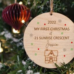 Personalised Wooden 1st First Christmas in Our New Home 2022 Bauble Etched House Hanging Tree Decoration Ornament Gift Idea Couple - thumbnail 2