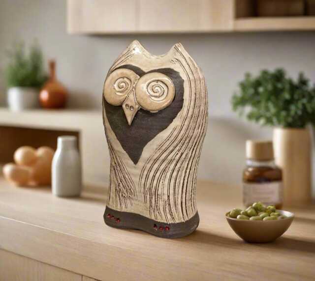 Handmade Ceramic Owl Sculpture Cream Pottery Home Decor - image 1