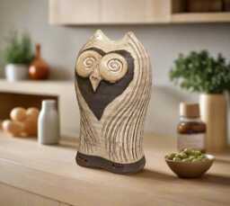 Handmade Ceramic Owl Sculpture Cream Pottery Home Decor - thumbnail 1