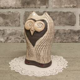 Handmade Ceramic Owl Sculpture Cream Pottery Home Decor - thumbnail 3