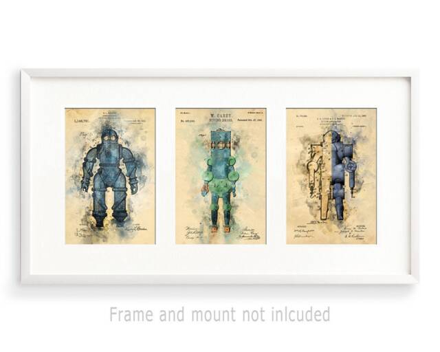 Diving Suit Patent Drawing Set Of 3 Watercoloured Prints - image 1