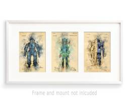 Diving Suit Patent Drawing Set Of 3 Watercoloured Prints - thumbnail 1