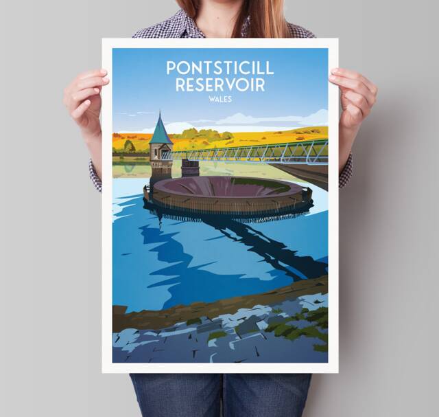 Pontsticill Reservoir Print - Illustration Of Brecon Beacons South Wales Merthyr Tydfil Taf Fechan Travel Poster - image 1