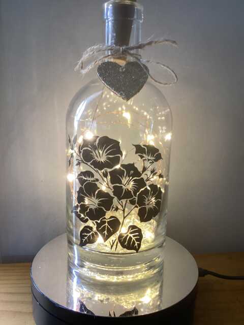 Personalised Morning Glory Birth Flower, September Light Up Bottle, Bottle Lamp With Gift Messaging Service & Bag