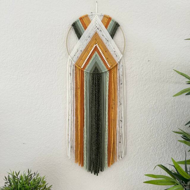 Orange Green Yellow Yarn Wall Hanging, Art, Handmade Hangings, Macrame Hoop Retro Decor, 70S Nursery Decor - image 1