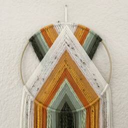 Orange Green Yellow Yarn Wall Hanging, Art, Handmade Hangings, Macrame Hoop Retro Decor, 70S Nursery Decor - thumbnail 3