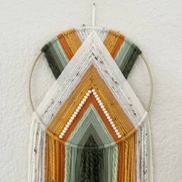 Orange Green Yellow Yarn Wall Hanging, Art, Handmade Hangings, Macrame Hoop Retro Decor, 70S Nursery Decor - thumbnail 2