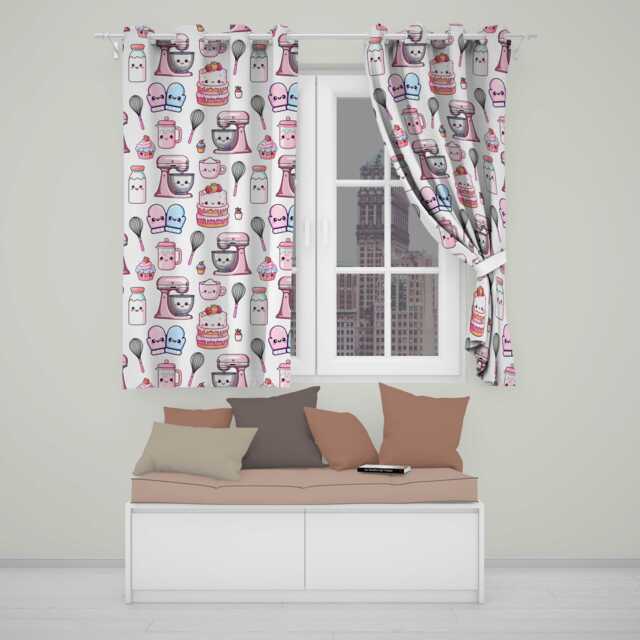 Kawaii Baking Mixer Cake & Cupcake Tools On Neutral Seamless Pattern Readymade Eyelet Ring Top Thermal 100% Blackout Curtains - image 1