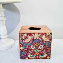 William Morris Strawberry Thief Tissue Cover, Red Gold Birds Design, Hand Decorated - thumbnail 3