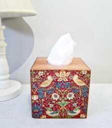 William Morris Strawberry Thief Tissue Cover, Red Gold Birds Design, Hand Decorated