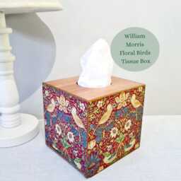 William Morris Strawberry Thief Tissue Cover, Red Gold Birds Design, Hand Decorated - thumbnail 2
