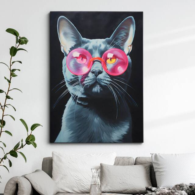 Fun Cat Wearing Pink Glasses Pet Painting Framed Poster Print & Canvas Wall Decor Art Bedroom Home Interior Funny Lover Gift - image 1